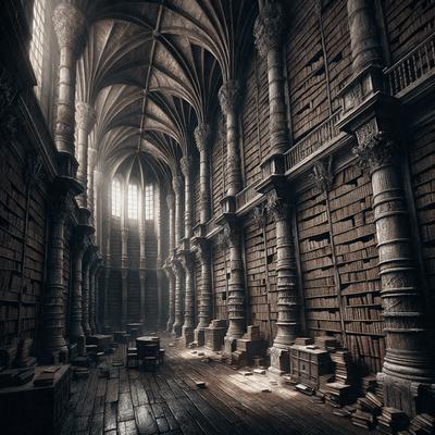 The primary subject of the image is a large, old library filled with books. The setting is a dark, old building with high ceilings and arched doorways. The visual style is a black and white photo, which adds a sense of mystery and timelessness to the scene. The dominant colors are shades of gray, black, and white, creating a moody and atmospheric mood.